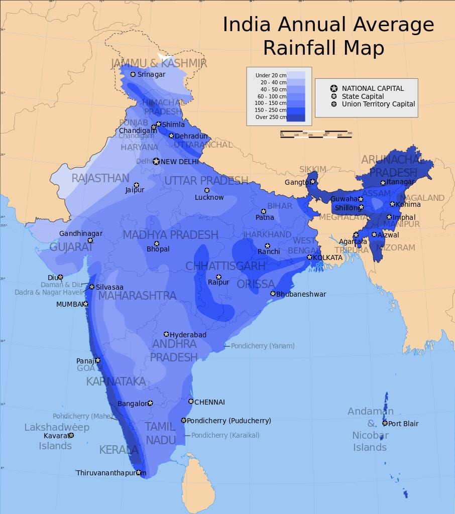 印度的降雨量地图